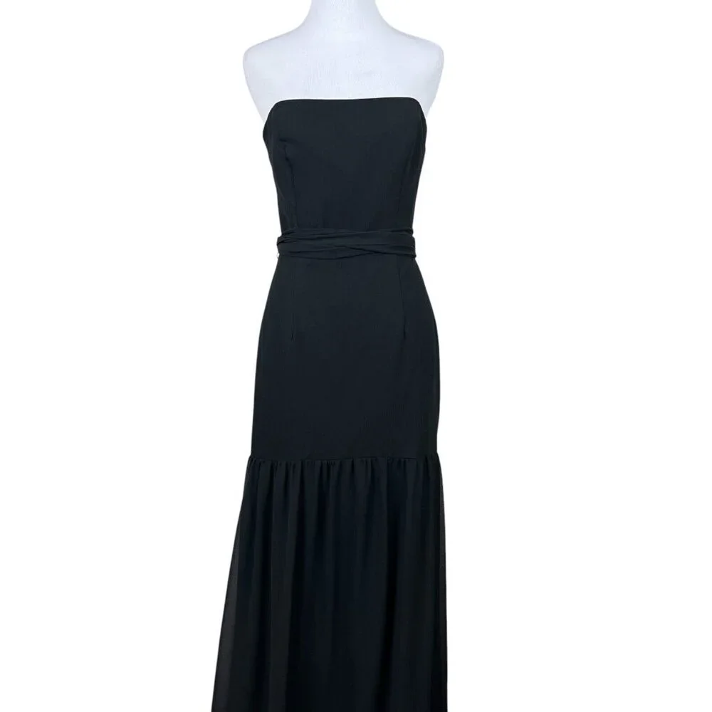 White Vera Wang Dress Womens 8 Black Crinkle Chiffon‎ Trumpet Hem Strapless Gown